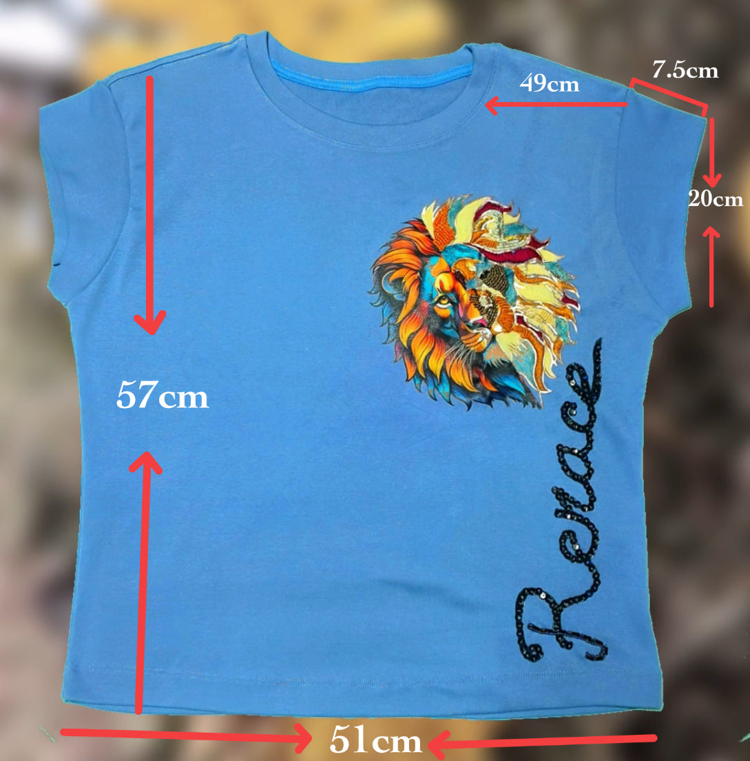 Camiseta azul estampada y bordada a mano || Fuerza de la naturaleza