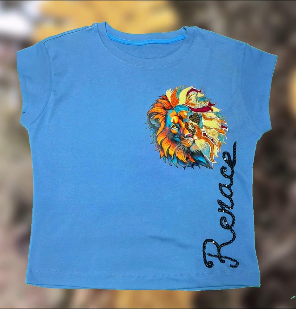 Camiseta azul estampada y bordada a mano || Fuerza de la naturaleza